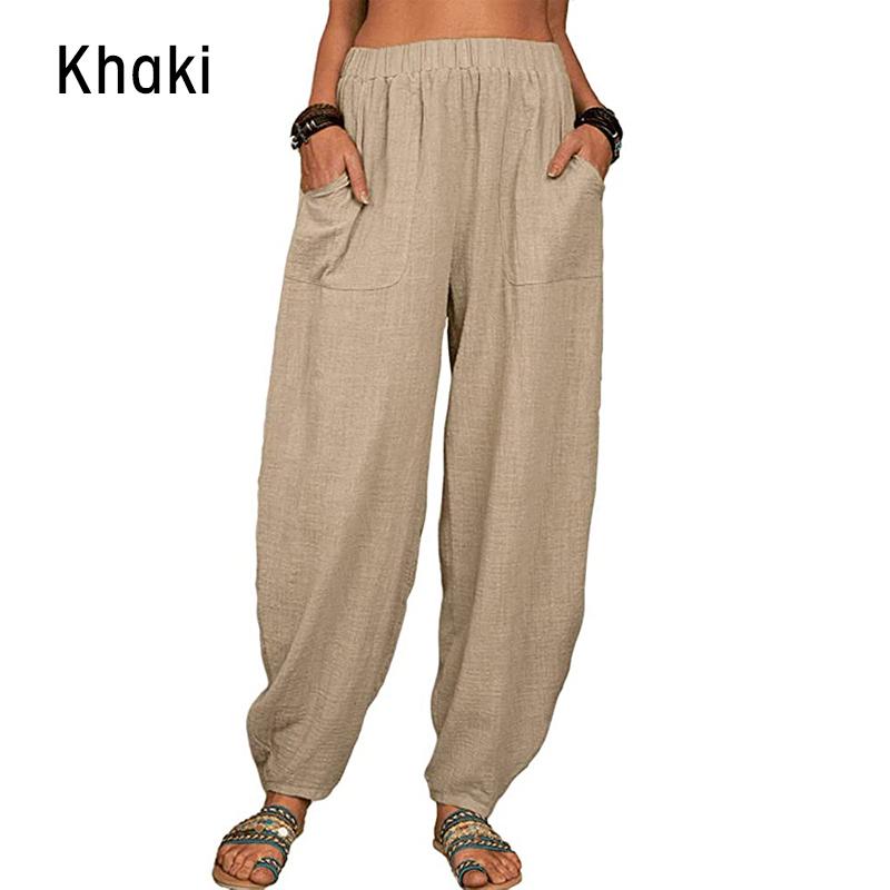 Frauen Vintage Harem Hosen Beiläufige Lose Feste Elastische Taille Baumwolle Leinen Breite Bein Hosen Sommer Unregelmäßige Hosen M khaki