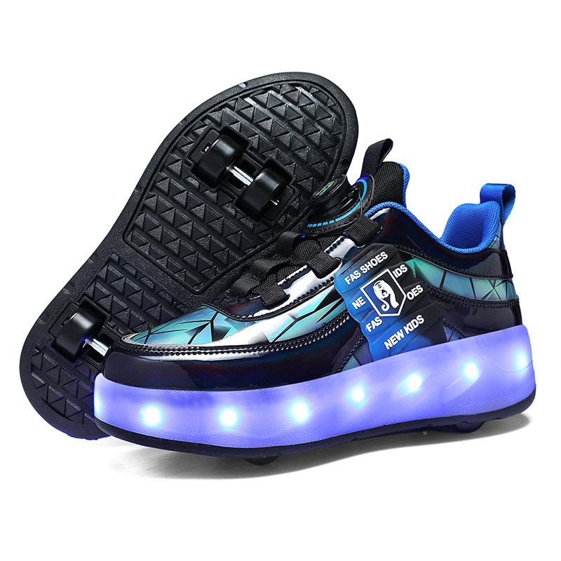 Neue Schuhe mit Doppelrollen, Jungen- und Mädchen-Rollschuhe können gesammelt werden, variable Schuhe, Rollschuhe mit Lichtern und leuchtende Schuhe 36