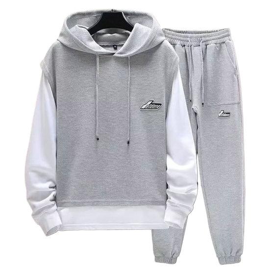 2 Teile/satz Männer Frühling Herbst Patchwork Farbe Trainingsanzug Mit Kapuze Kordelzug Langarm Sweatshirt Elastische Taille Taschen Jogginghose Set Trainingsanzug M grau