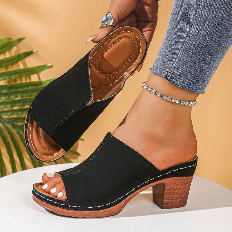 Damen Hausschuhe 2025 Neuer Trend Klobige Damen Sandalen Mittelhohe Absätze Mode Hausschuhe Sommer Marke Kleiderpumps Freizeitschuhe Pantoletten Damen 36 schwarz
