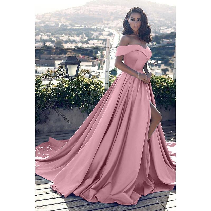 Schulterfreie Kleider in Übergröße für Damen, bodenlang, elegantes Ballkleid, Brautkleid mit hohem Schlitz, Übergröße S rosa