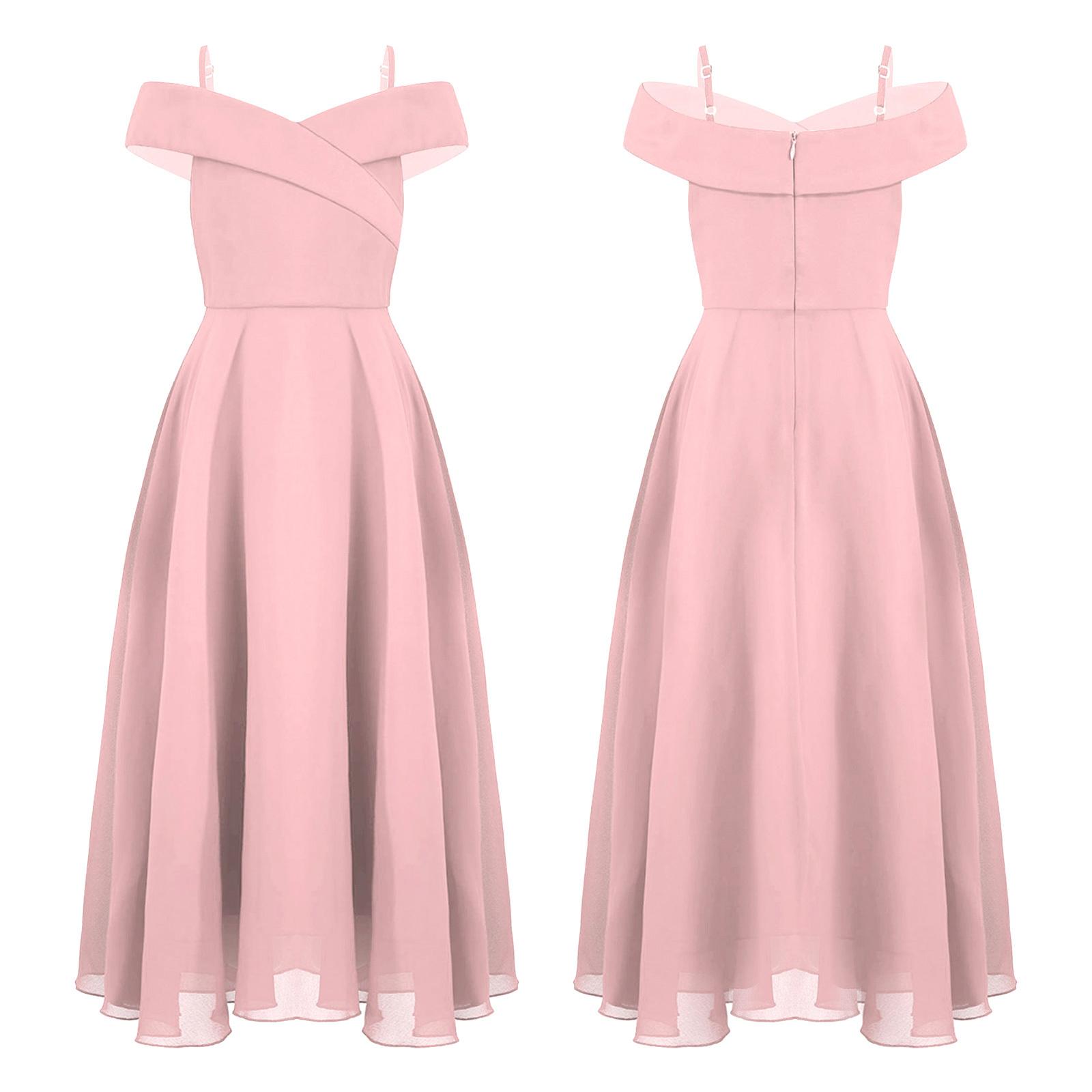 Kinder Mädchen Elegantes Chiffon Schulterfreies Brautjungfernkleid Hochzeitskleid Geburtstagsfeier A Linie Abendkleid 9-10 Years rosa