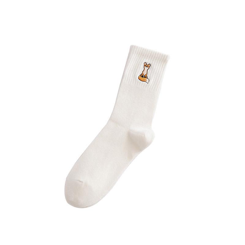 Nette Fox Stickerei Dicken Mittelrohr Socken Baumwolle Atmungsaktiv Einfarbig Frauen Socken Herbst Winter Cartoon Socken Sokken Mädchen weiß