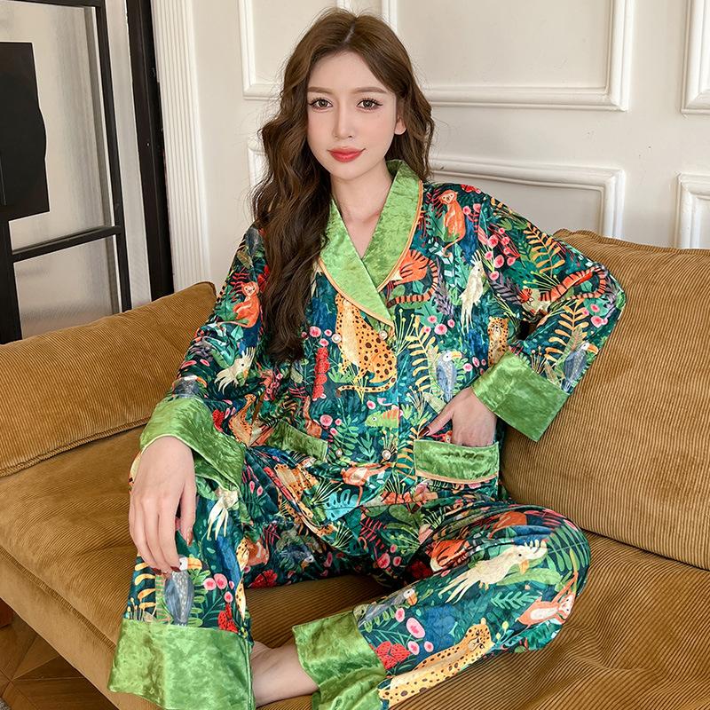 Dschungeltiger Tierdruck Pyjama Damen Warmer Pyjama Nachtset Warmer Pyjama Herbst Neu Samt Pyjama Set 2XL grün