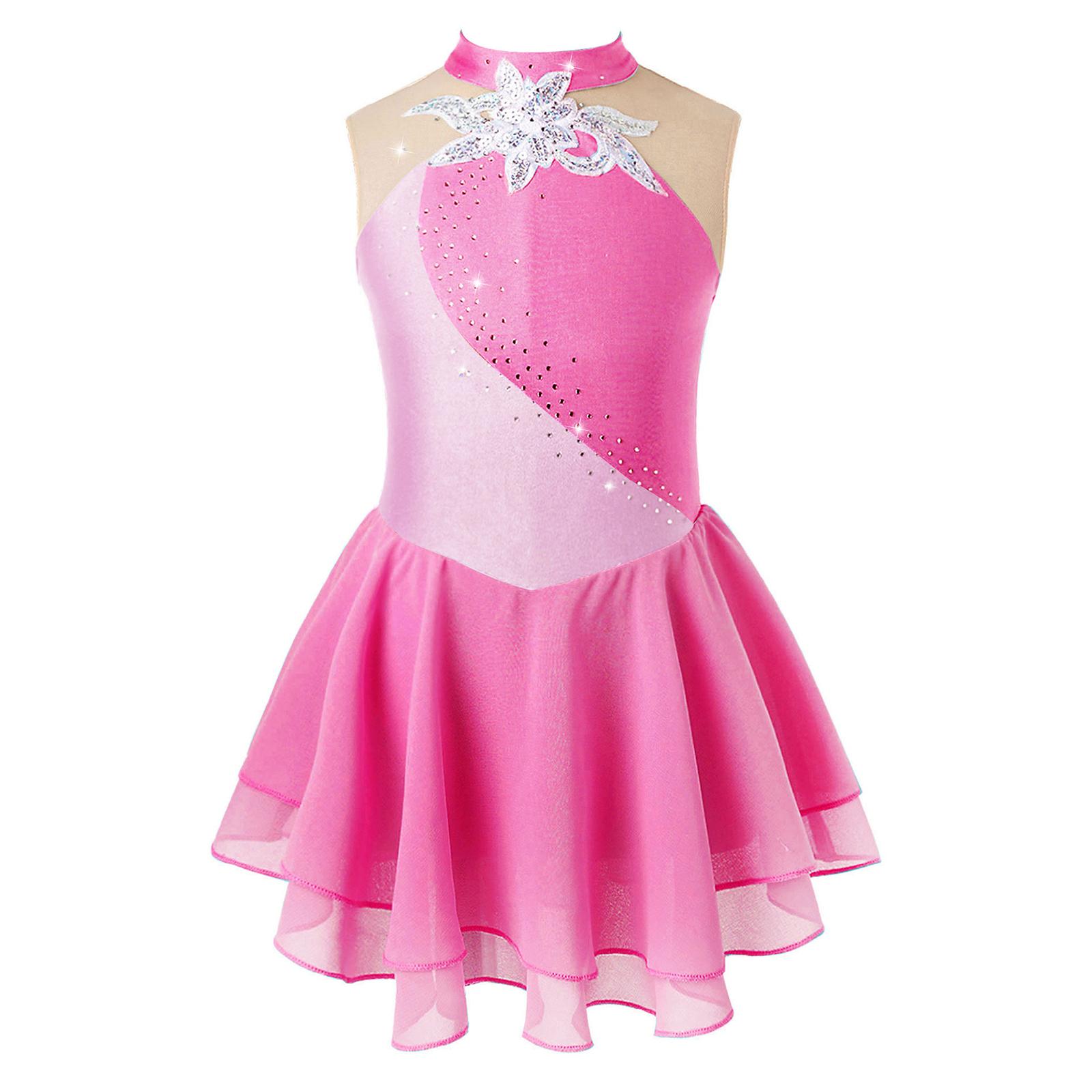 Kinder Mädchen Eiskunstlauf Kleid Strass Mesh Splice Ärmelloses Ballett Tanz Kleid Gymnastik Trikot Leistung Kostüme 9-10 Years rosa