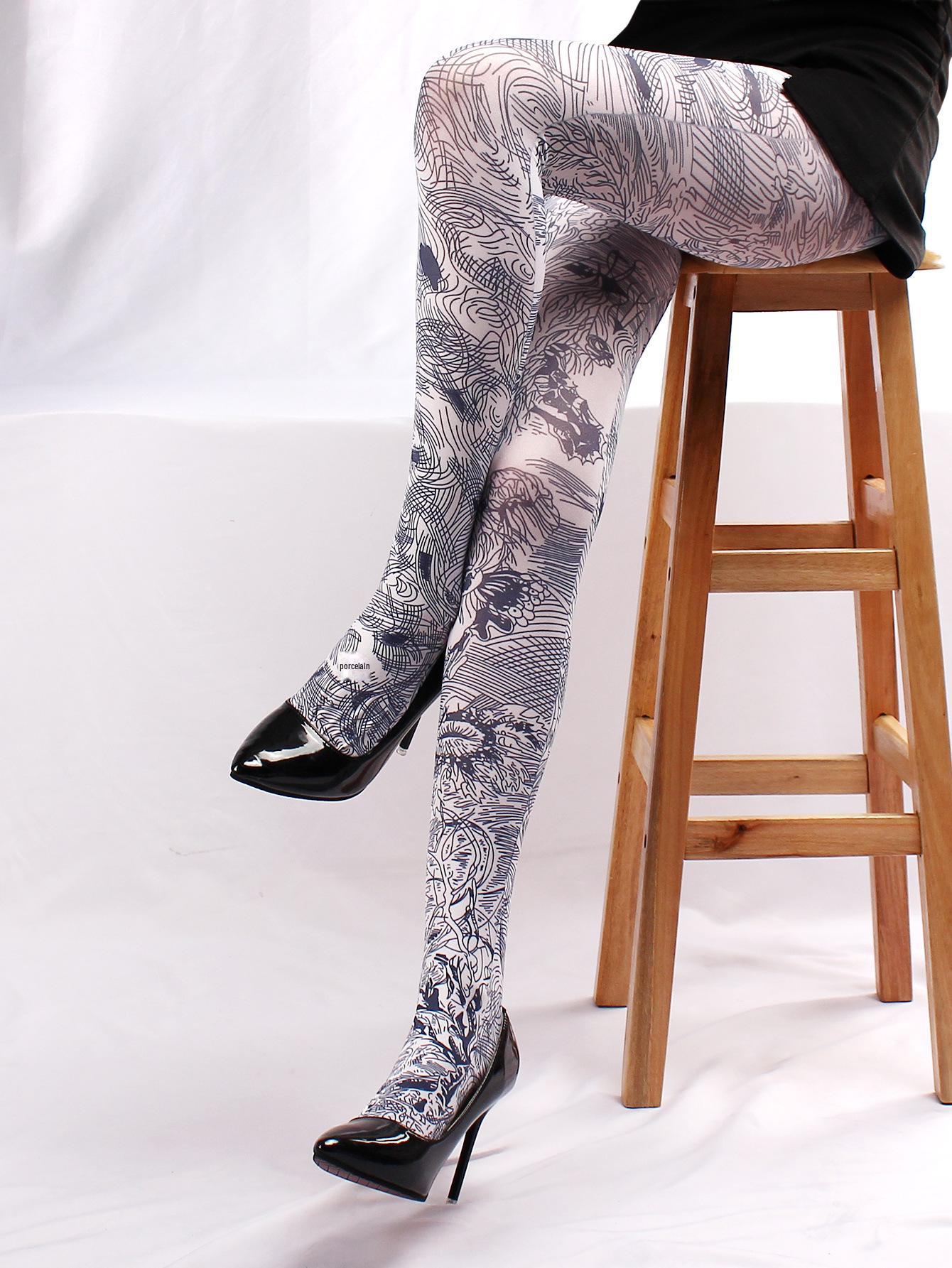Frühling & Herbst Damenmode Strumpfhosen - Abstrakter Blumen- & Baumdruck One Size