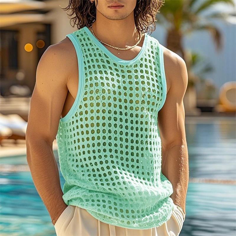 Neuer Stil Mode Herren Oberteile Beliebte Urlaubs Ausgeschnittene Netz Westen Sexy Lässige Ärmellose Tanktops XS-2XL 2026 Sommer XS grün