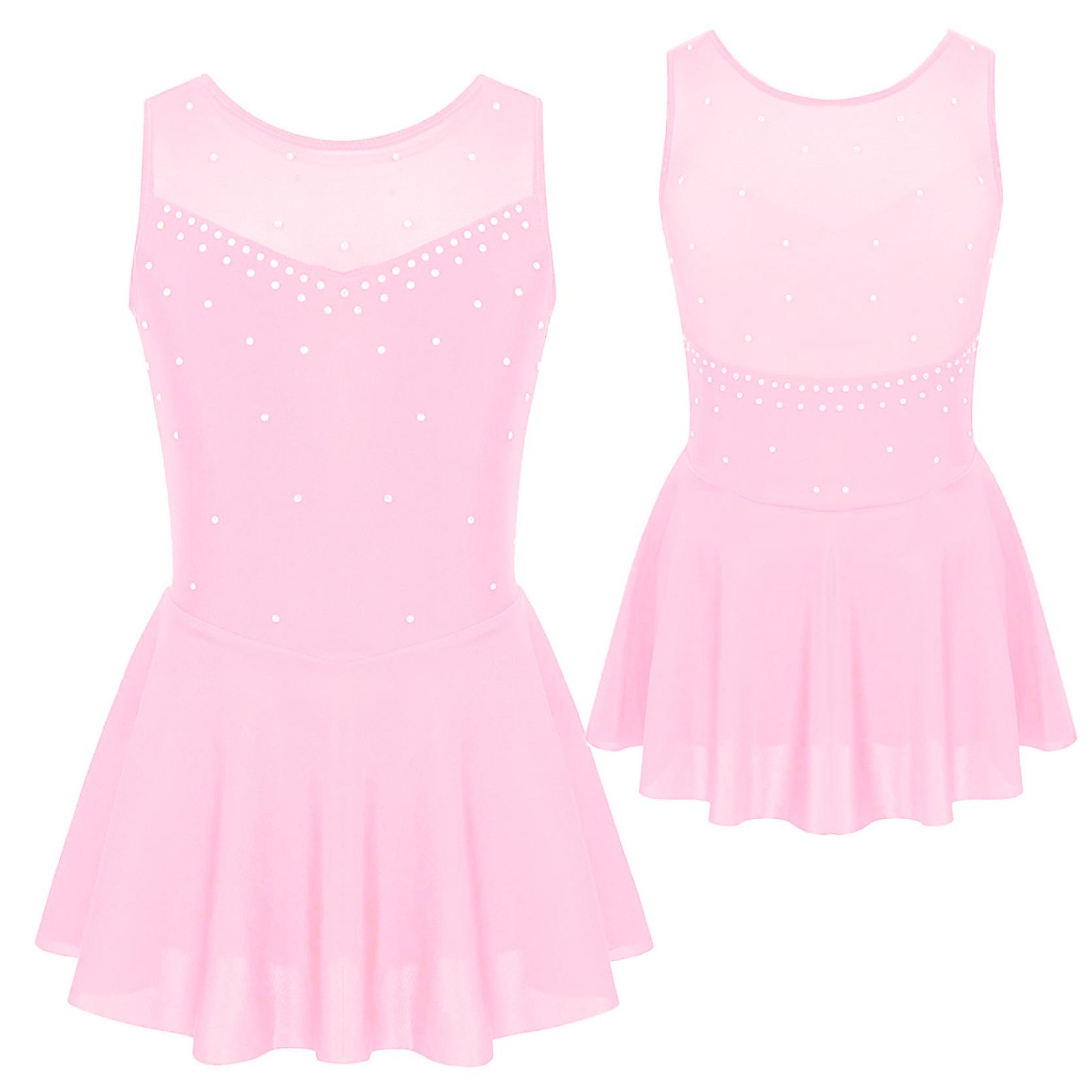 Ärmelloses Ballett-Tanz-Trikot-Kleid, weiches glitzerndes Strass-Tüll hinten, Eiskunstlauf-Gymnastik-Kostüme, Tutu-Rock 5-6 Years rosa