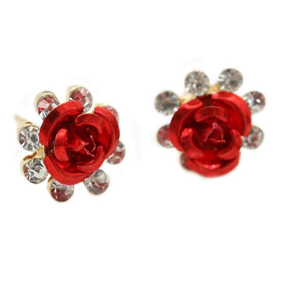 Damenmode Rose Blume Ohrstecker Strass eingelegte Ohrringe Schmuck Geschenk rot