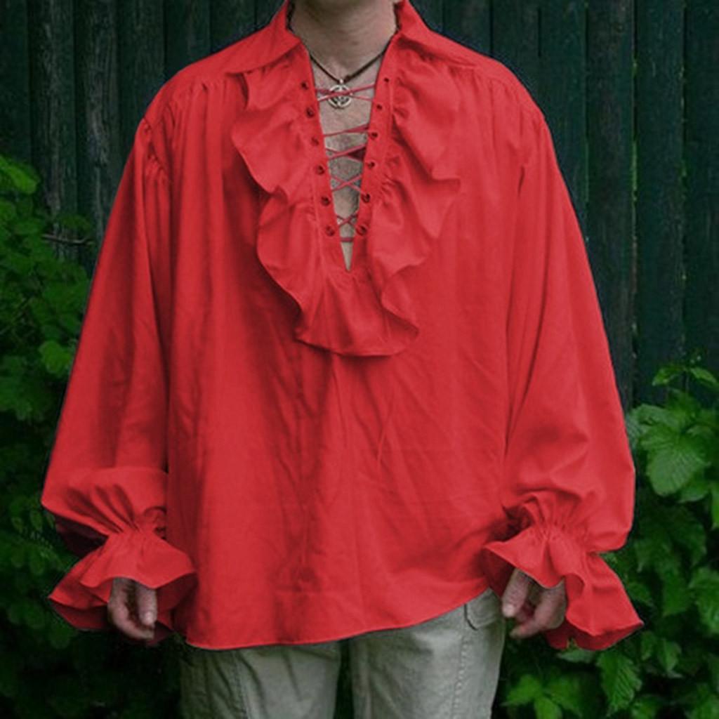 Herren Retro Hemd Revers plissiertes bauschärmeliges Hemd L rot