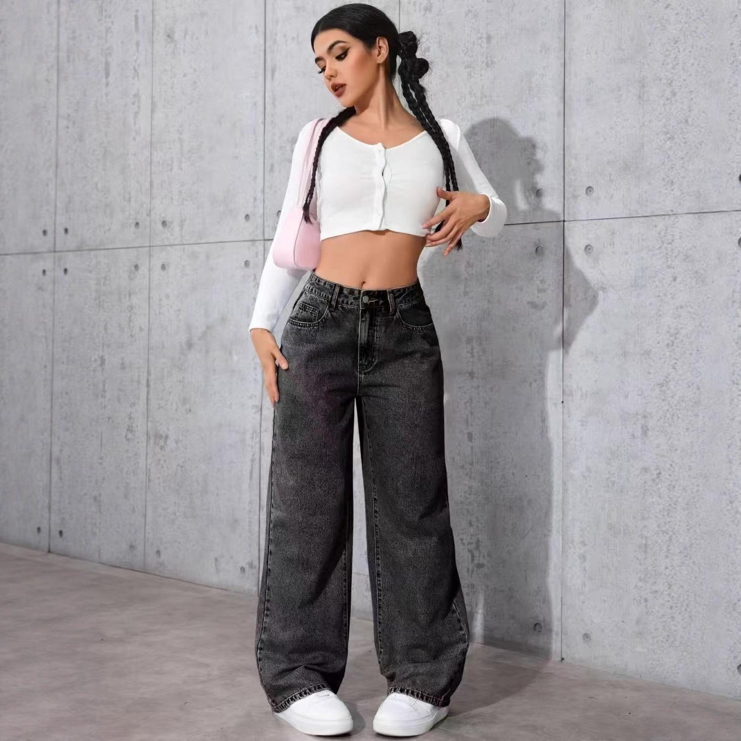 Weite Damenjeans - Gewaschen, Locker, Schlankmachend, Bodenlang für Frühling & Herbst 5XL (185-200 jin) schwarz grau
