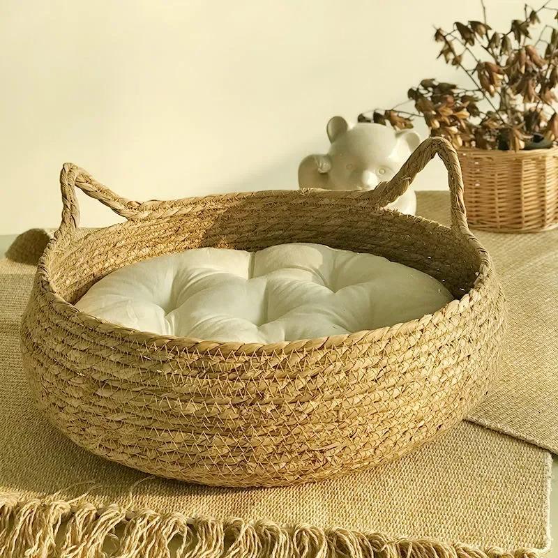 Katze vier Jahreszeiten universell rein handgewebtes Rattan Katzenstreu Saisonal warme Matte abnehmbar waschbar Winter Haustierbedarf Katzenstreu 35cm beige