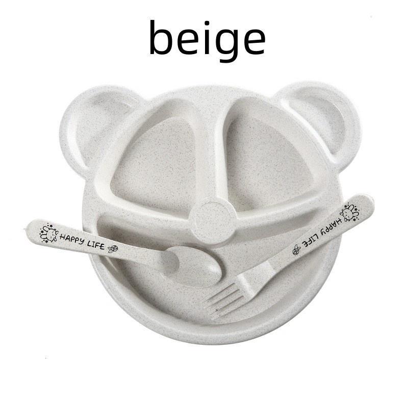 Speiseteller Weizenstroh Geschirr Cartoon Bär Kindergeschirr Kinder Speiseteller Baby Teller Gabel Löffel Baby Essen Anti-Hot Training Geschirr Set beige
