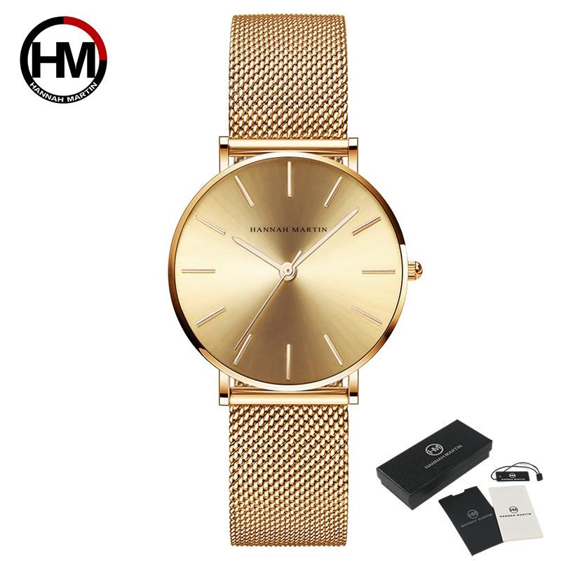 Hannah Martin 36 mm Zifferblatt, klassische Damen-Armbanduhr aus Roségold, Mesh, weiblich, Japan, Quarz, lässig, wasserdicht, Damenuhren, Quarz-Armbanduhren gold