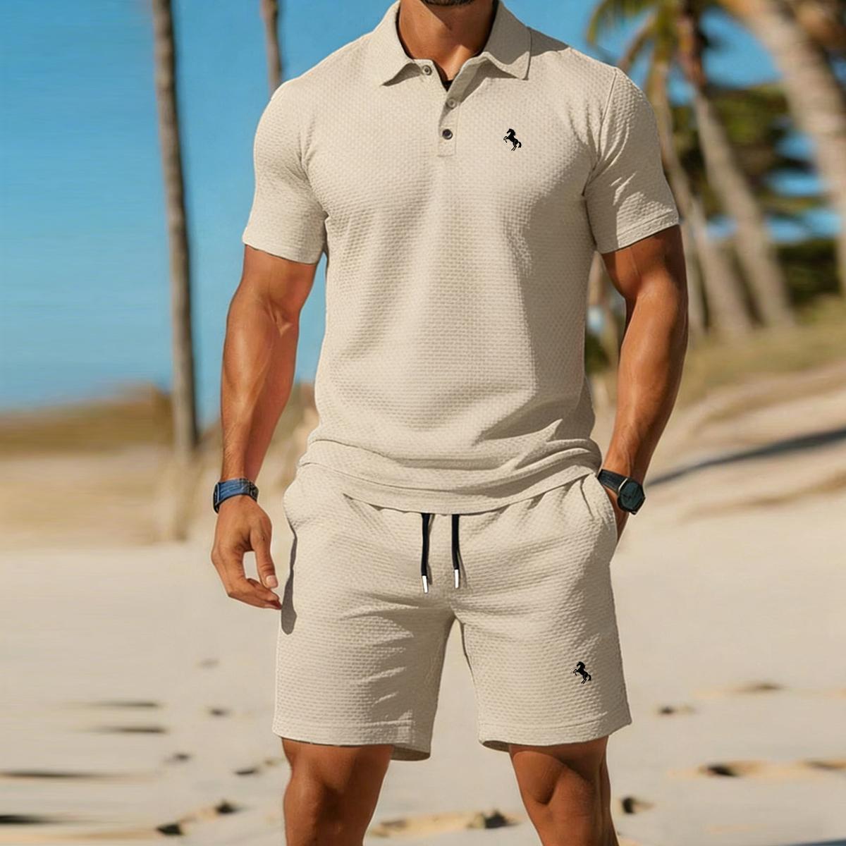 Sommer-Herren-Outfits 2-teilig - Locker geschnittene kurzärmelige Hemden und Shorts-Sets; Anzüge für Business, Pendeln, Golf und Freizeit XL khaki