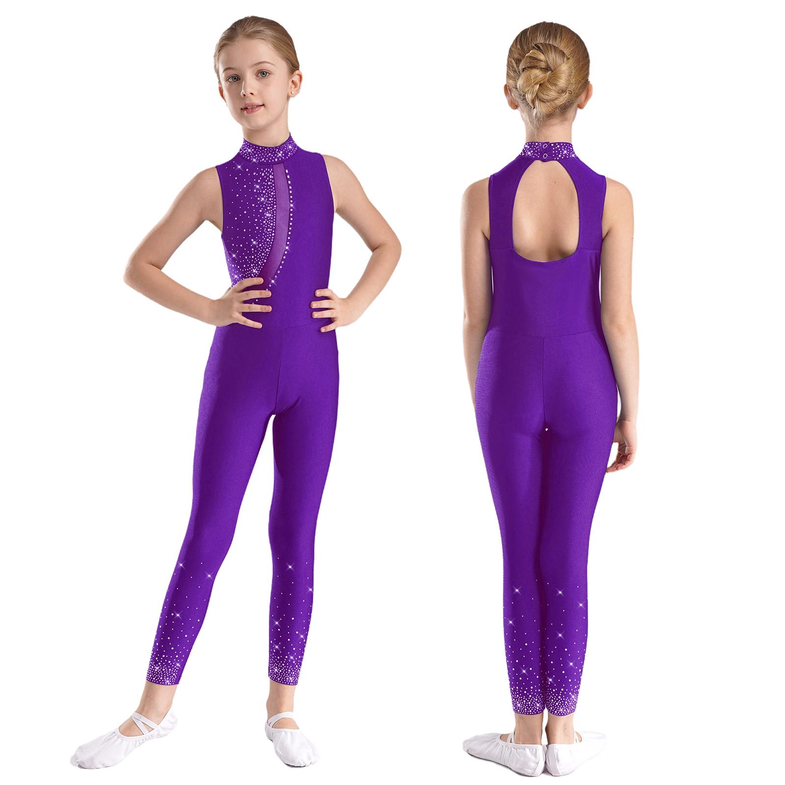 Kinder Mädchen Ärmelloser Eiskunstlauf Ganzkörperanzug Jumpsuit Ballett Tanz Gymnastik Turnanzug Tank Strass Tank Unitard Kostüm 9-10 Years violett