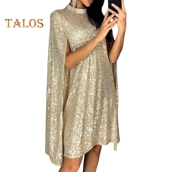 Damen Paillettenkleid Stehkragen Ärmellos Schlitz Design Schimmerndes Cocktailpartykleid Damen Formelle Anlässe Minikleid Promi-Abendkleid M goldgelb