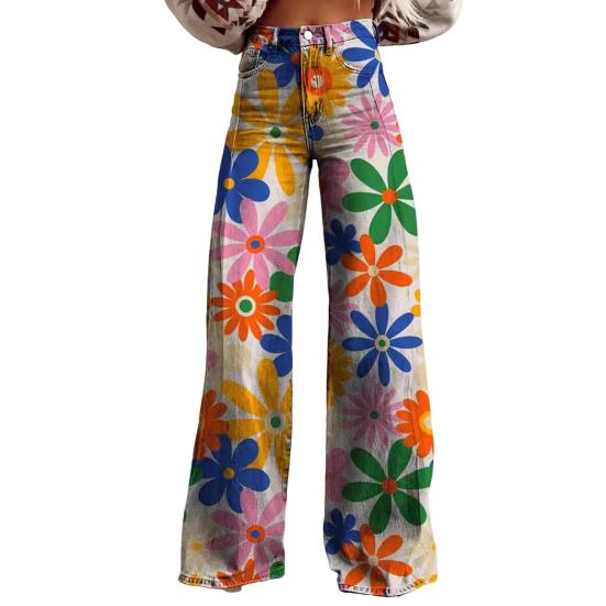 Yousheng Damen Retro-Hose, hohe Taille, Knopfleiste, Reißverschluss, Taschen, lange Hose, digitaler Blumendruck, Freizeithose, Distressed, gerade Hose mit weitem Bein XL