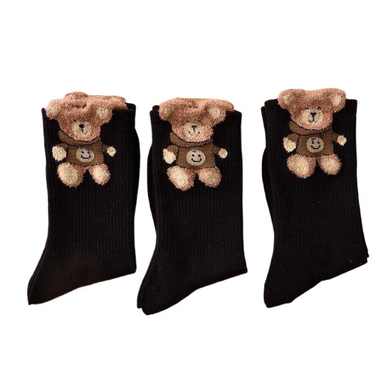 Damen Herbst- und Winter-Mittelwaden-Socken Niedliche Kawaii Bären-Socken Warme Socken 3 Paar 3 Pairs