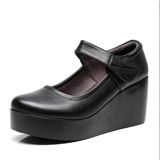 Echtleder Damen Schuhe Lässige Keilschuhe Runde Spitze Flacher Ausschnitt Komfort Damen Schuhe Damen Plateau High Heel Schuhe 33-43 36