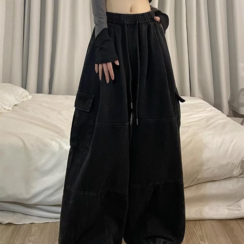 Mode Kordelzug Casual Baggy Cargo Jeans Hosen Frauen Kleidung Gerade Breite Bein Jogginghose Weibliche Hosen XXXXXL schwarz