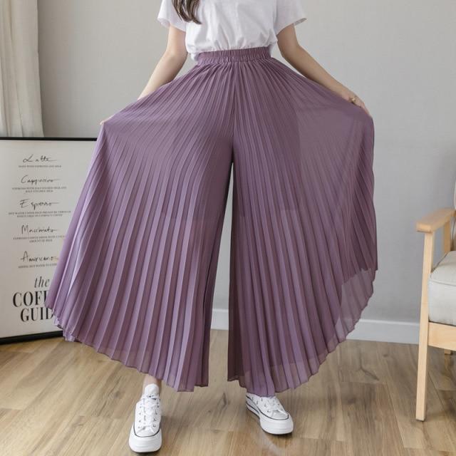 Frauen Sommer Plissee Lose Hosen Mode Weibliche Chiffon Elastische Taille Rock Hosen Breite Bein Hosen L violett
