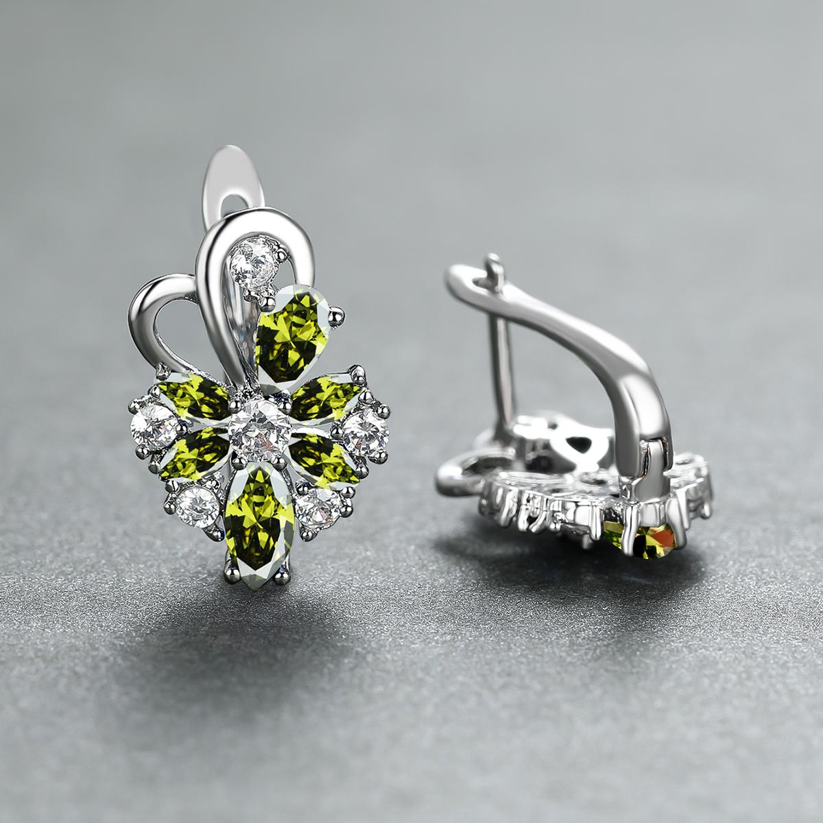 1 Paar Ohrringe mit Wassertropfenschliff, Blau, Rosa, Lila, Aqua-Stein, Blütenblätter, Blumen-Ohrringe, Blumen-Stil, Ohrclips, Schmetterlings-Ohrhänger silber/olivgrüne