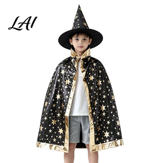 Sternenmuster Zauberer Kleidung Kinder Umhang mit Hut für Jungen Mädchen Halloween Hexenmuster Umhang Kostüm Requisite Party Cosplay Outfit Kostüm Fotoshootings schwarz