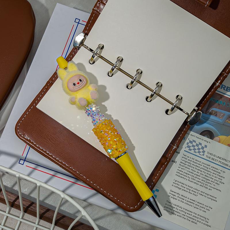 1 Stück Beflockung Labubu Kawaii Perlenband Stifte Niedlicher Cartoon Kugelschreiber Schüler Schreibwaren Bürobedarf Geschenke gelb