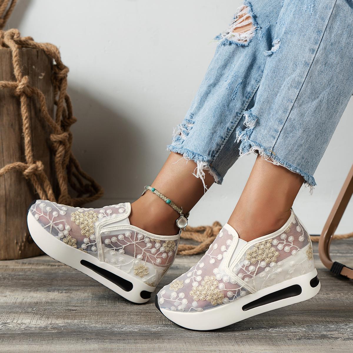 Neue Damen-Sneaker mit Blumenstickerei, Mesh-Sneaker für Damen, zum Hineinschlüpfen, lässig, bequem, Schuhe mit Absatz 37 weiß