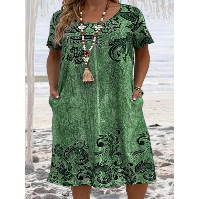 YYFS Übergröße Damenmode Sommer Frühling Print Kurzarm O-Ausschnitt Lockere Taille Freizeitkleider XXXXL grün