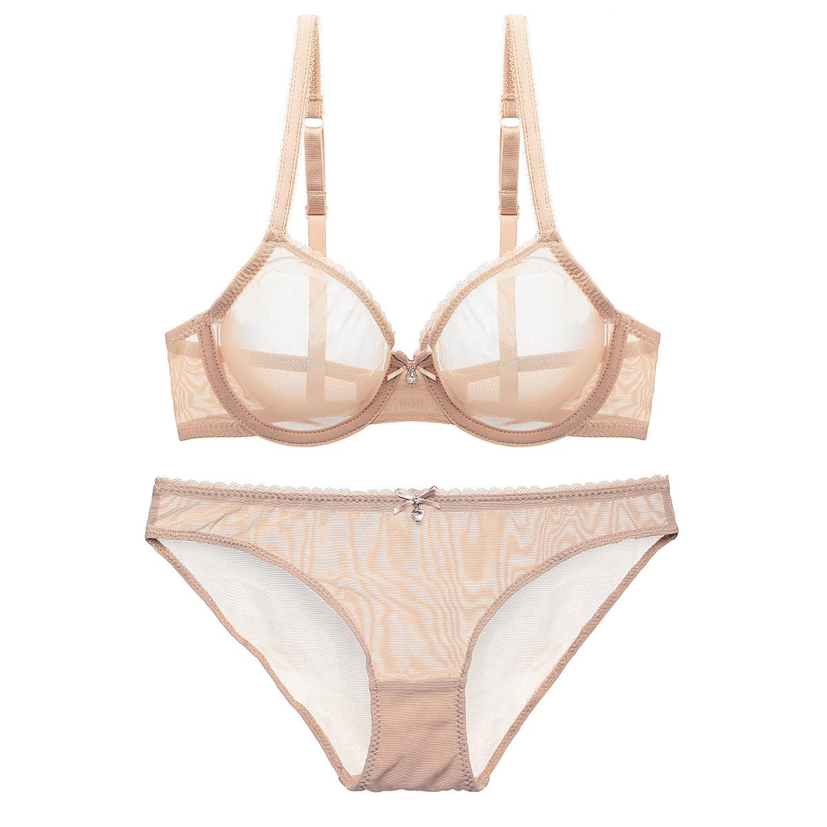 Französisch Ultra Dünne Dessous Set Sexy Mesh Transparent Bh Set Frauen Spitze Unterwäsche Sommer Atmungsaktive Bralette Weibliche Dessous 75D khaki