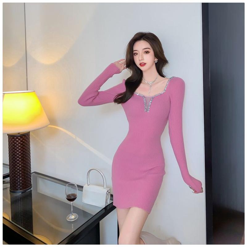 Frühlings- und Herbstkleid für Damen, langärmeliges Strickkleid, französisches Temperament, quadratischer Ausschnitt, gewickeltes Unterkleid, Damenunterwäsche XL rosa