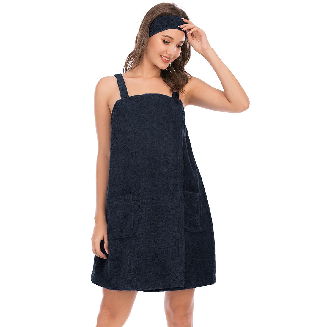 Bright Deer Damen-Bademantel aus Frottee, Spa, Badetuch, Bademantel mit Trägern, schnell trocknend, Frottee-Klettverschluss, elastischer Duschbademantel mit Stirnband, weich, für Fitnessstudio, Pool, Abdeckung S navy blau