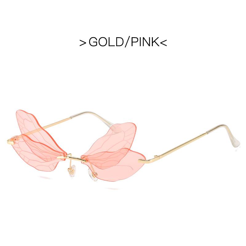 Modische Schmetterlings-Sonnenbrille, randlose Libellenflügel-Sonnenbrille für Damen, Vintage, klare Ozeanlinse, Brillen, Fahrradbrille, UV400 rosa