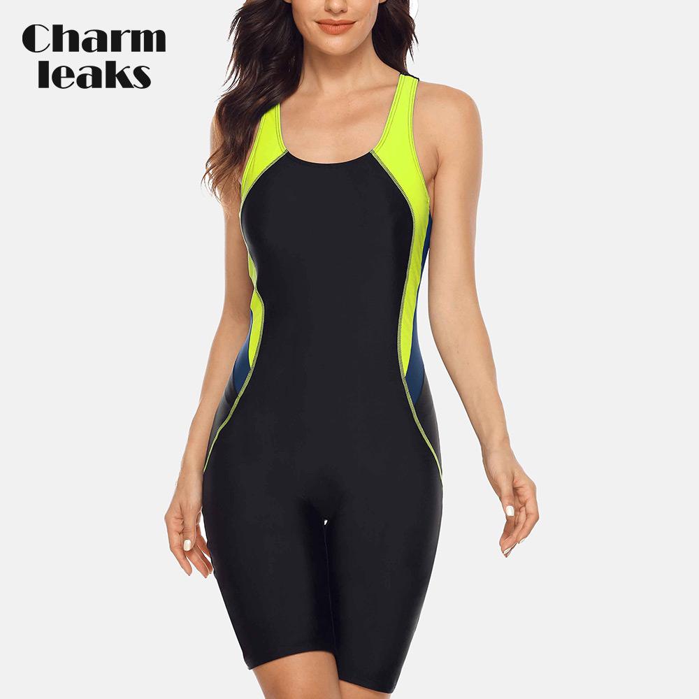 Charmleaks Einteiliger Sport-Badeanzug für Damen, Sportler-Sport-Badeanzug, Racerback L gelb