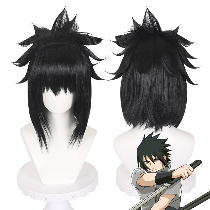 Anime Cosplay Perücke, Uchiha Sasuke Stachelige Schwarze Kurze Haare Hochtemperaturfaser Synthetisches Haarteil schwarz