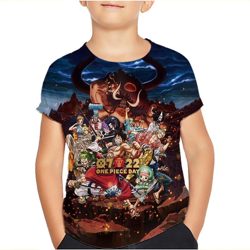 One Piece Luffy T-Shirt Four Emperors Kurzarm Zoro Sanji Chopper Ace Law Tee Kinderkleidung Modekostüme für Kinder Top 140 antik gold