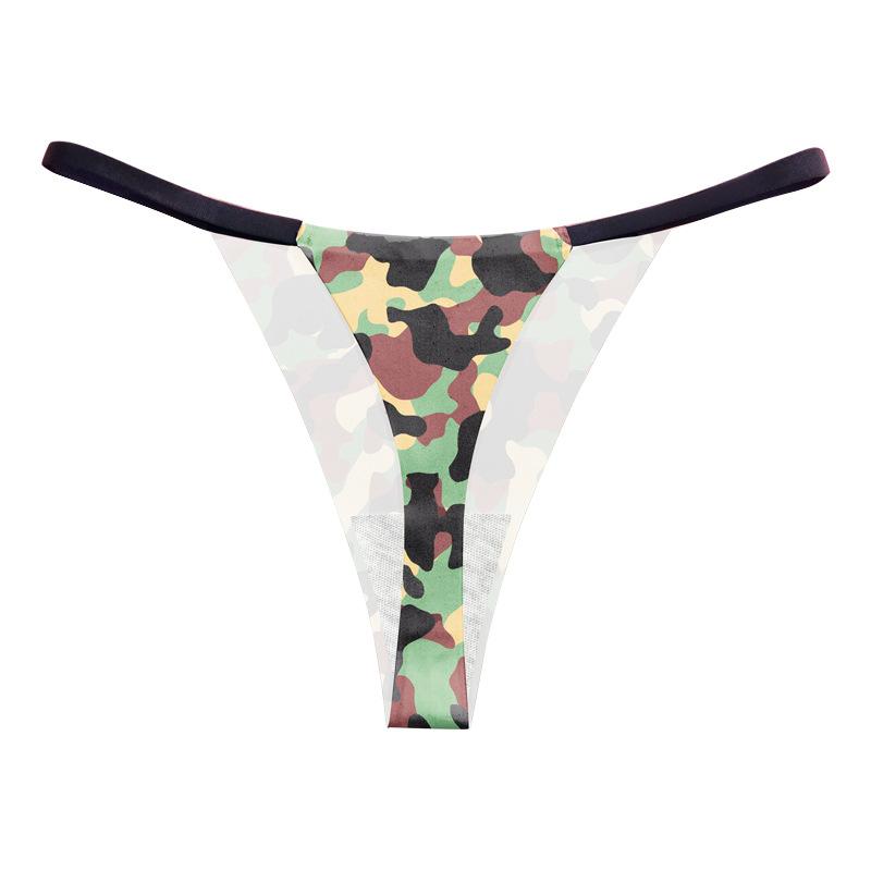 Damen Nahtloser Tanga Bedruckt Dünner Träger Sexy Europäischer und Amerikanischer Stil Tanga Bikini Camouflage Damen Sexy Unterwäsche L grün