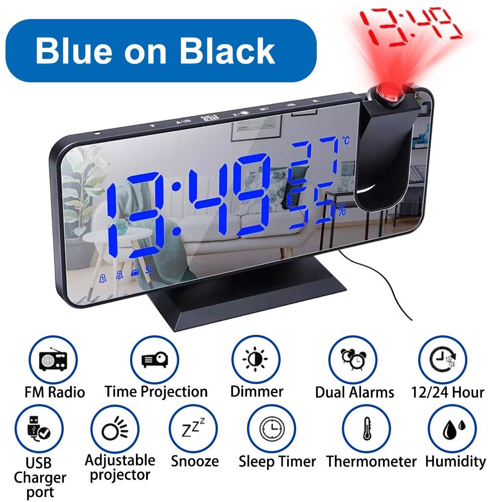 LED-Digital-Projektionswecker, elektronischer Wecker mit Projektion, FM-Radio, Zeitprojektor, Schlafzimmer-Nachttisch-Stummschaltuhr blau/schwarz
