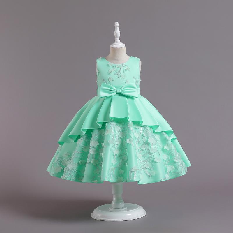 Satin-Applikations-Prinzessinnenkleid für Mädchen 2-8J Sommer Elegant Party Abend Hochzeitskleid mit Spitzenbesatz 120cm hellgrüne