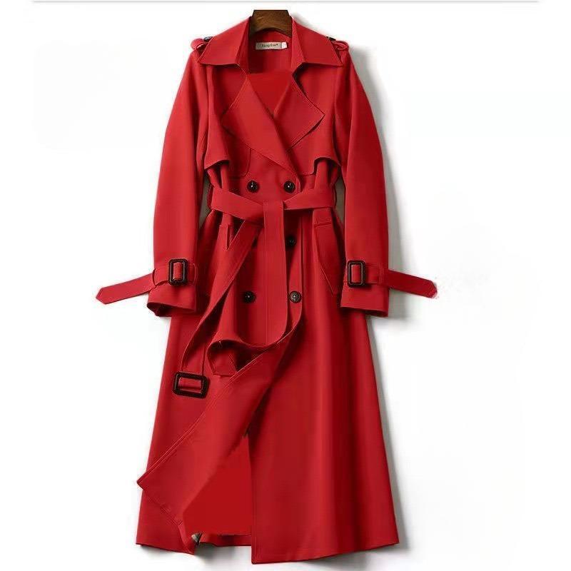 Elegante Damen Britische Jacken Mode Herbst Winter Widebreaker Streetwear Midi Mäntel Casual Büro Dame Button Slim Chic Mantel XXL rot