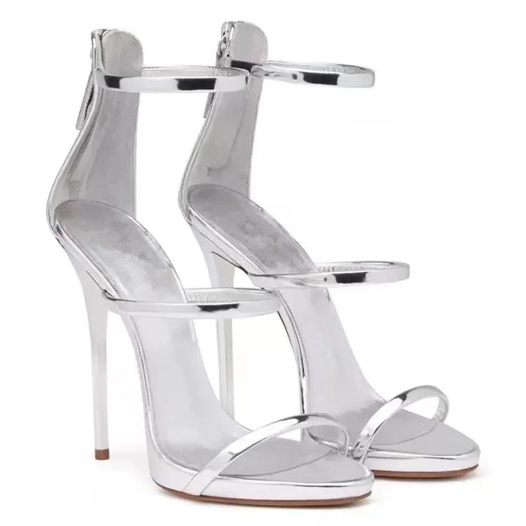 Damen 2026 Sommer Neu High Heels Mode Sexy Offene Zehenspitze Feiner Absatz Sandalen Luxus Hohe Qualität Bankett Reißverschluss Super Hohe Heels 36 silber