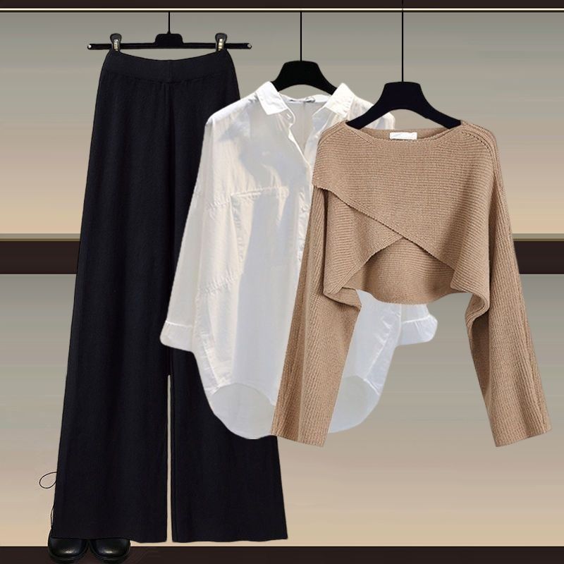 Herbst und Winter Damen Strickpullover Dreiteilige Hose Lockere Bluse Hemd Pullover und Hose mit weitem Bein und hoher Taille Vintage Lässiges dreiteiliges Set M schwarz/kaffeebraun