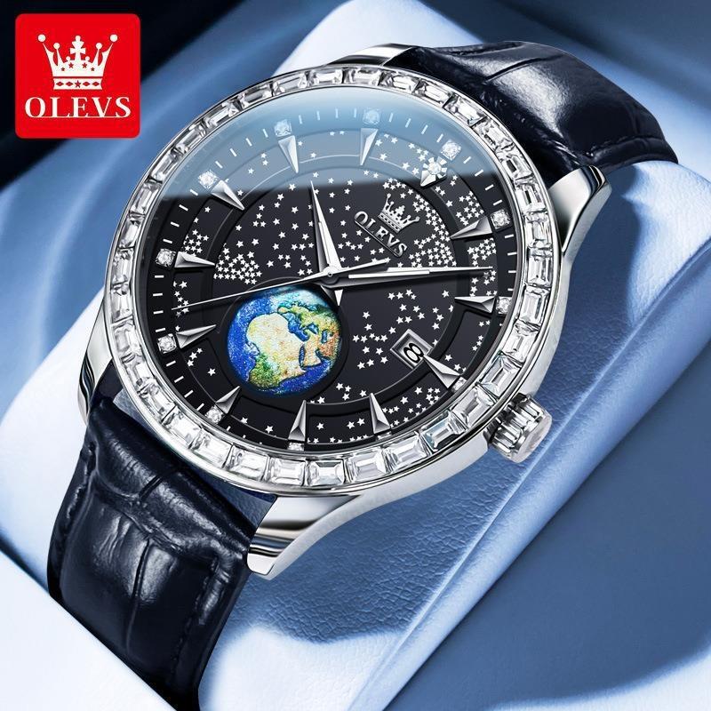 Mode Sternennacht Leuchtende Quarz Uhr Mode und Trendige Herrenuhr, Wasserdichtes Edelstahlarmband Stern Zifferblatt Herren Kalender Armbanduhren leather schwarz