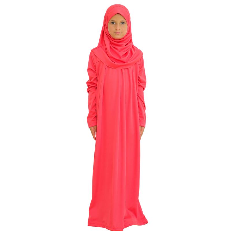 Gebetskleid für Kinder, muslimische Kleidung für Mädchen, langärmelig, Abaya mit Hijab, zweiteiliges Maxi-Islamisches Set, Schal, Kaftan, Jilbab rot