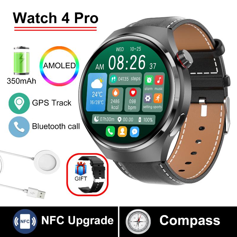 2025 Neue WATCH 4 Pro Gesundheits-Smartwatch Herren 360*360 AMOLED-Bildschirm NFC GPS-Tracker Kompass BT-Anruf Blutsauerstoff IP68 Sport-Smartwatch Leather belt schwarz