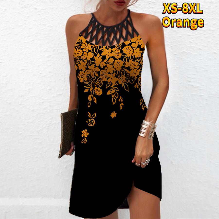 Sommer Mode Sexy Ärmelloses Kleid Weiche Casual 3D Weiß Blumen Print Kleid Ärmelloses Sling Kleid Sommer Hosenträger Kleid XL orange