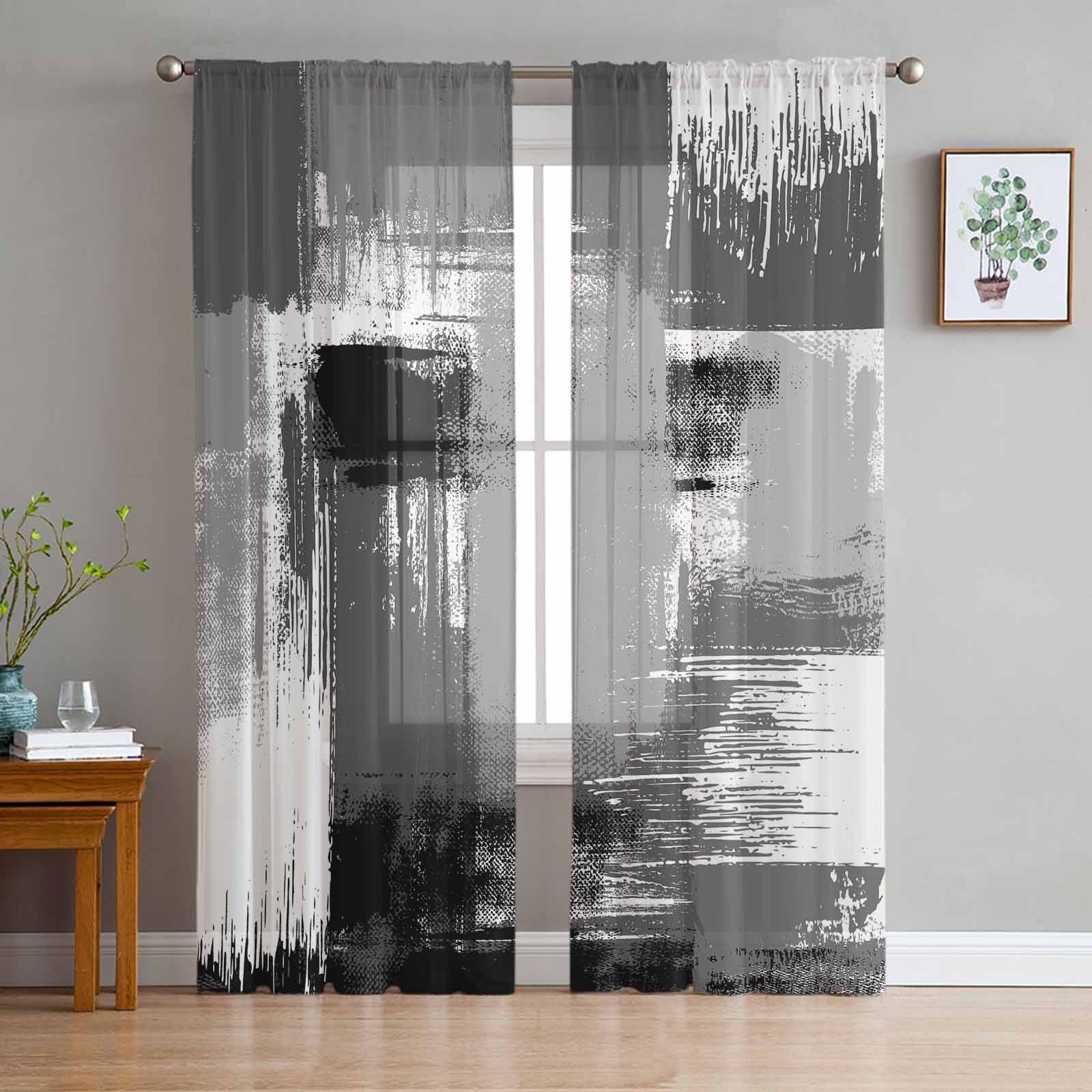 Geometrische abstrakte Ölgemälde-Stil grau transparente Vorhänge für Wohnzimmer Dekor Fenster Vorhänge Küche Tüll Voile Vorhänge W135 x H160cm x1 gray