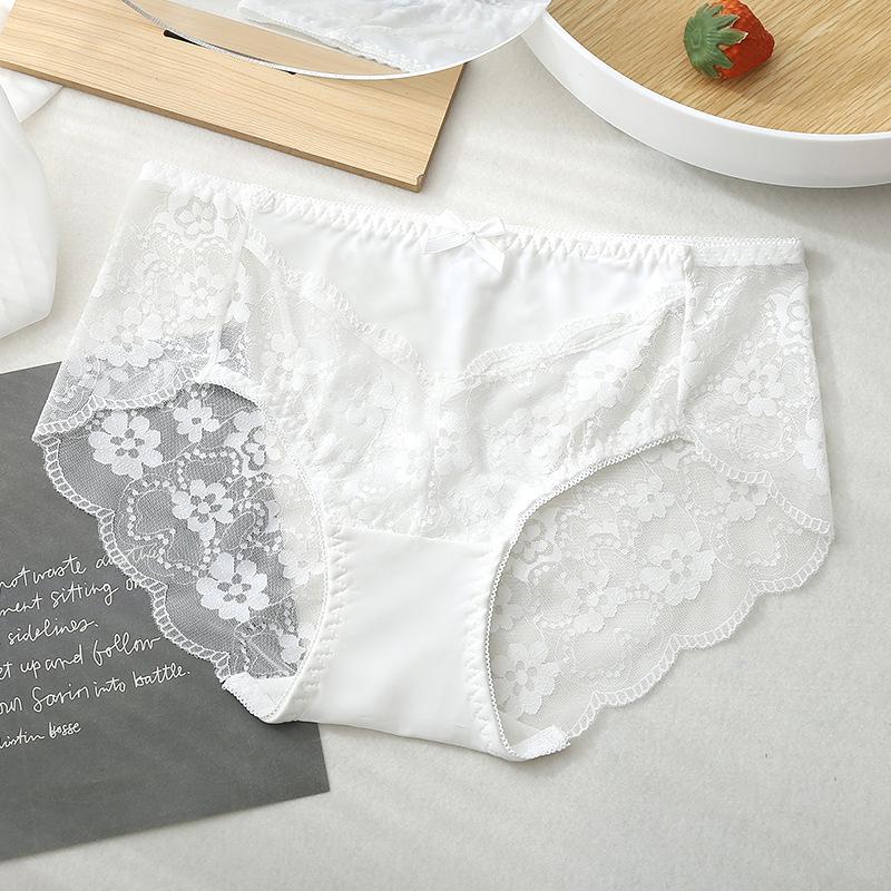 Sexy Spitzen-Damenunterwäsche, Sommer, dünn, mittelhoher Bund, romantisch, weiche Baumwolle, Schritt, antibakteriell, atmungsaktiv L weiß
